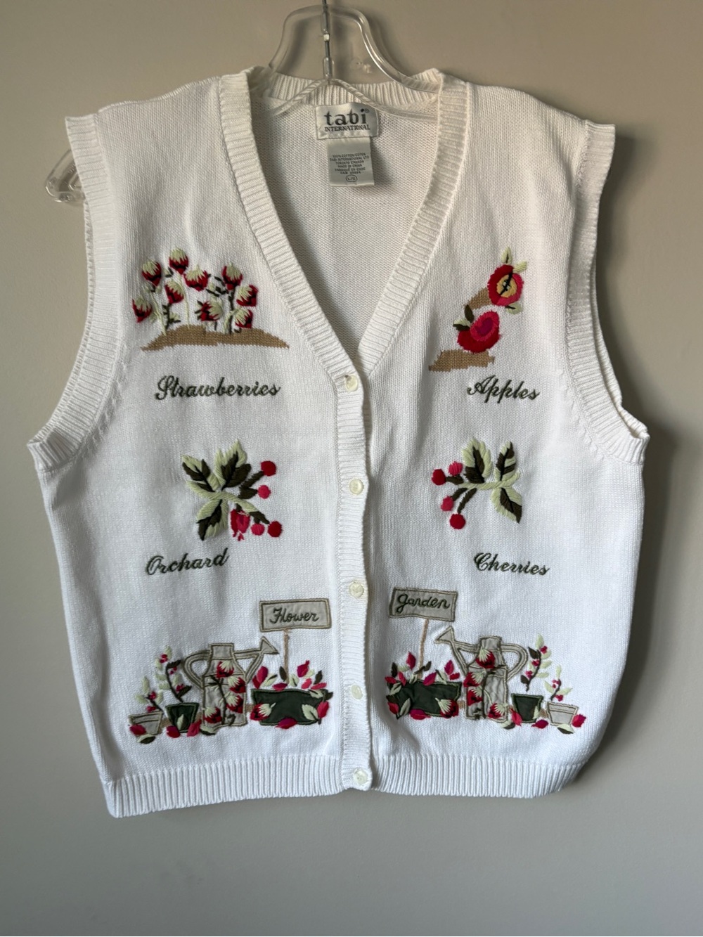 Vintage 90s Tabi International Embroidered Fruit Garden Knit Vest Cotton Large L